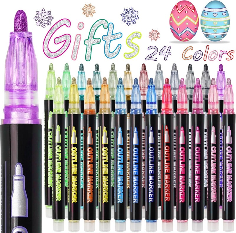 AKUBLE Shimmer Markers Doodle Outline Pens - Stocking Stuffers Kids Teen Tween Girls Ages 4 8 10 12 Year Old Gift Present 24 Colors Metallic Glitter Double Line Sparkle Set Art Craft Drawing Supplies Stuff - Image 1